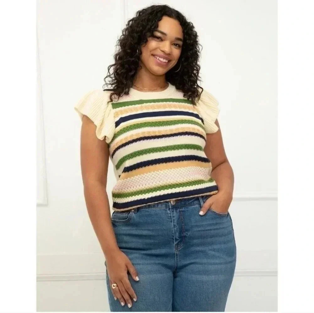 Eloquii Elements Cream Striped Multicolor Ruffle Short Sleeve Sweater Vest 22/24